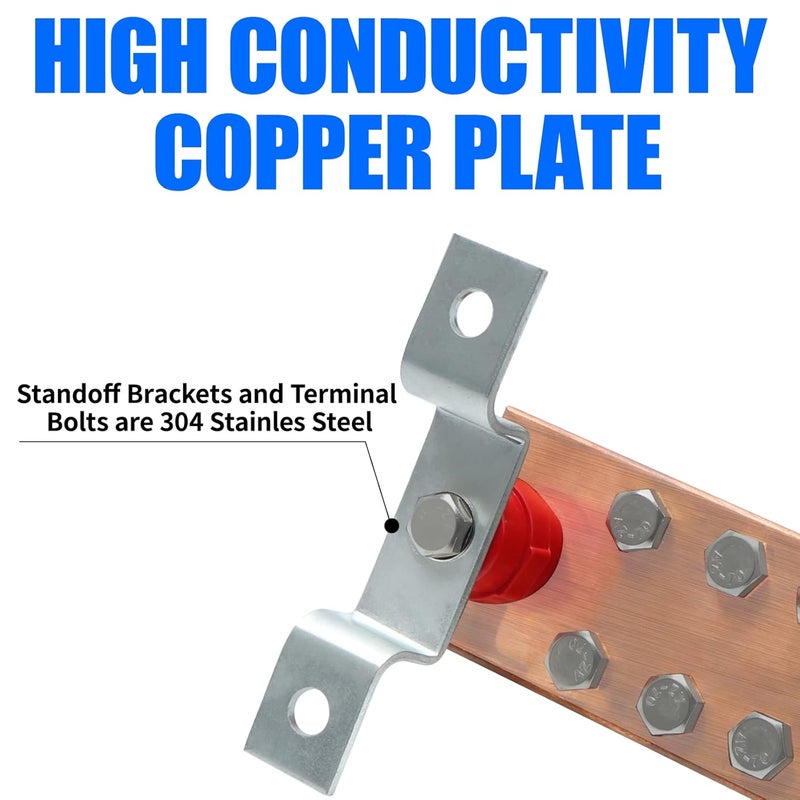 ELECTRAPICK Wall Mounted Copper Grounding Bar Kit, Copper Bus Bar 0.16"x 2.36"x 7.8" Ground Bus Bar with 10 Terminal Positions, UL Recognized SM40 Insulators Rated Uimp up to 6KV - Image 2
